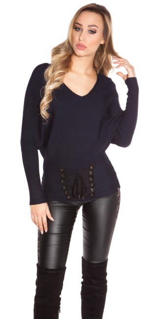 Trendy bat sweater with lacing Navy